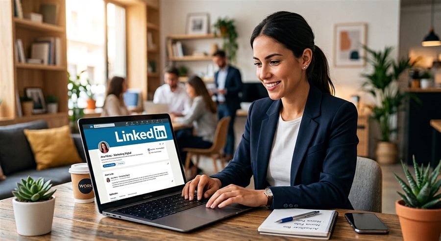 Persona actualizando su perfil de LinkedIn en el portátil